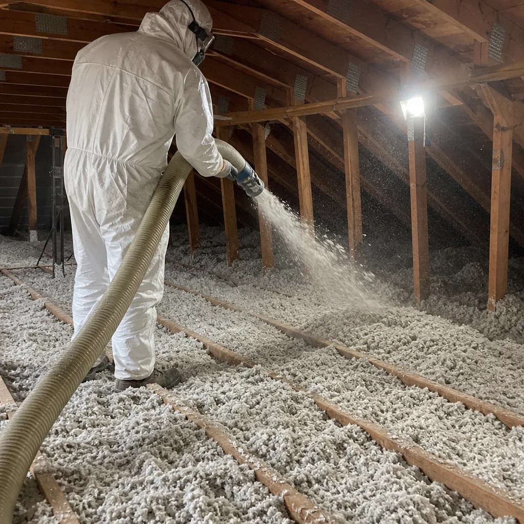 Technician installing blown-in attic insulation with professional equipment