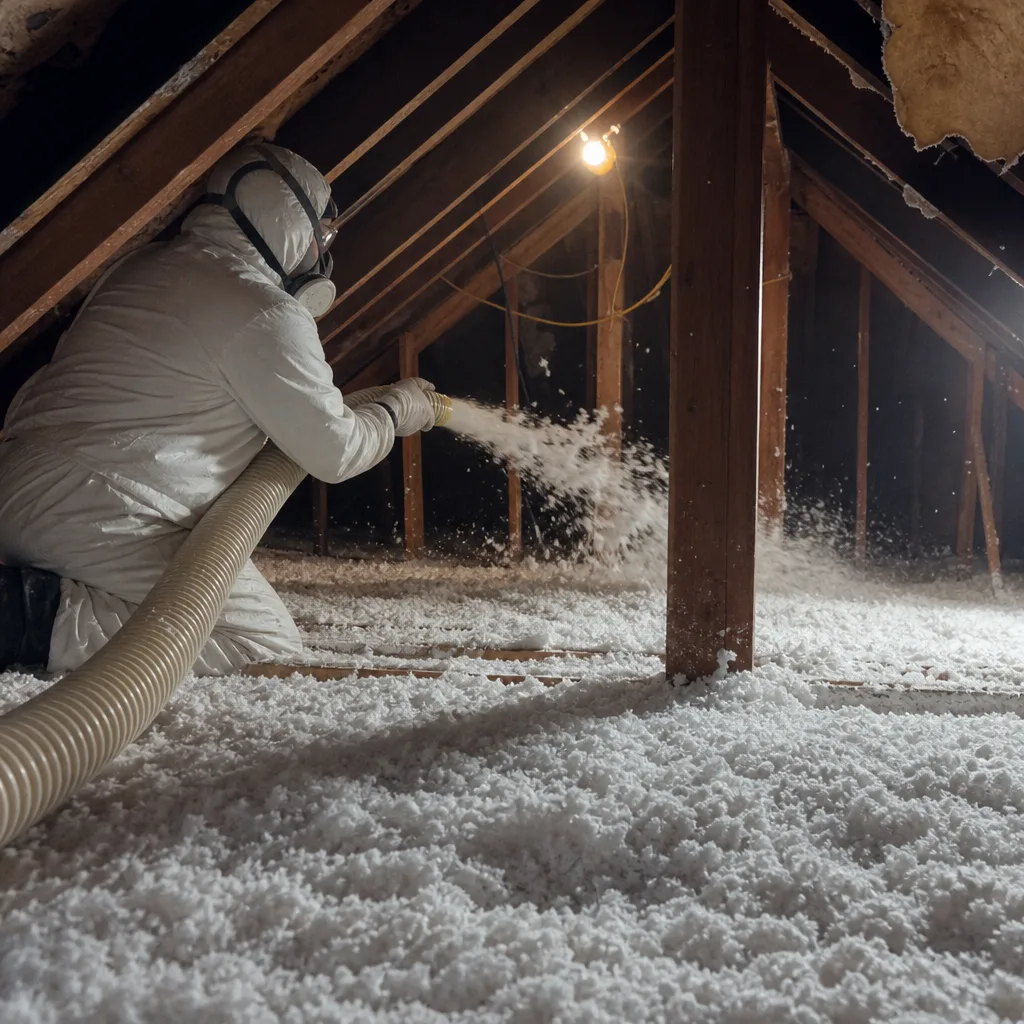Professional installer using equipment to apply blown-in insulation in an attic.