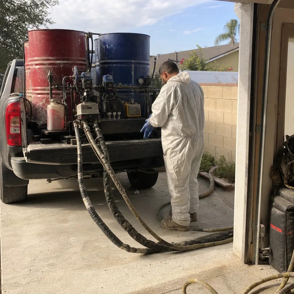 Technician preparing professional spray foam insulation equipment on a truck bed